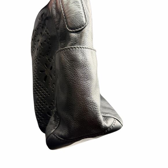 Isabella Fiore Black Leather Laser Cut Floral Shoulder Hobo Bag - Picture 15 of 16